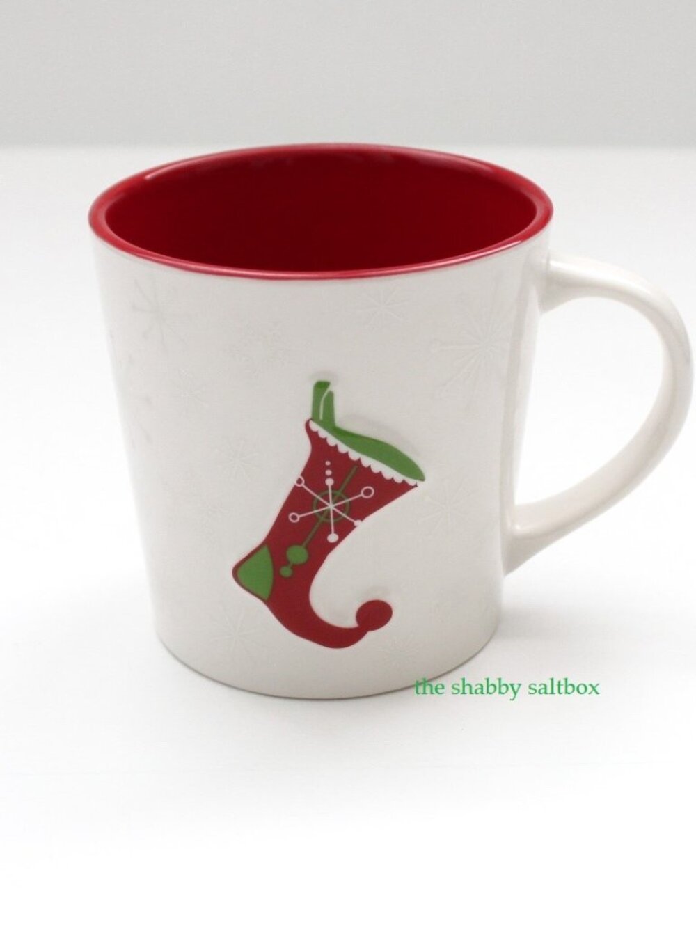 Starbucks 2006 Mug Holiday Red Stocking Coffee 17 fl. oz. Embossed Snowflakes